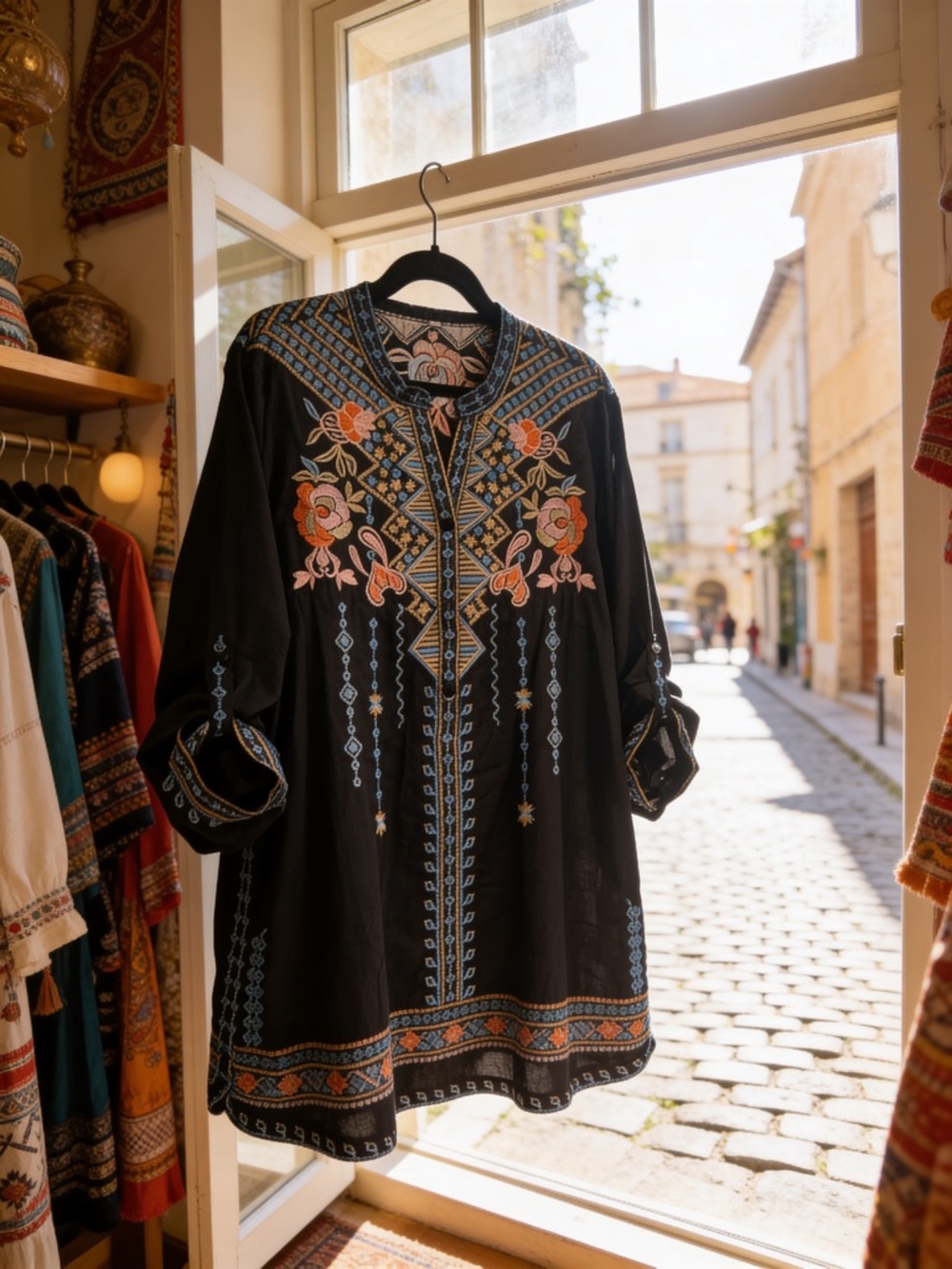 Black Embroidered Boho Tunic with Blue & Orange Floral Detail